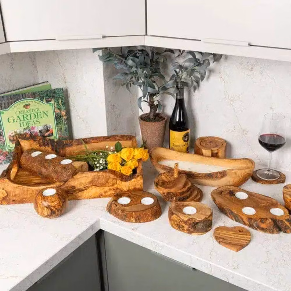 Verano Spanish Ceramics Set of 3 Rustic Olive Wood Tea Light Holders in Brown, Diameter: 9 cm, 14 cm and 20 cm – 5