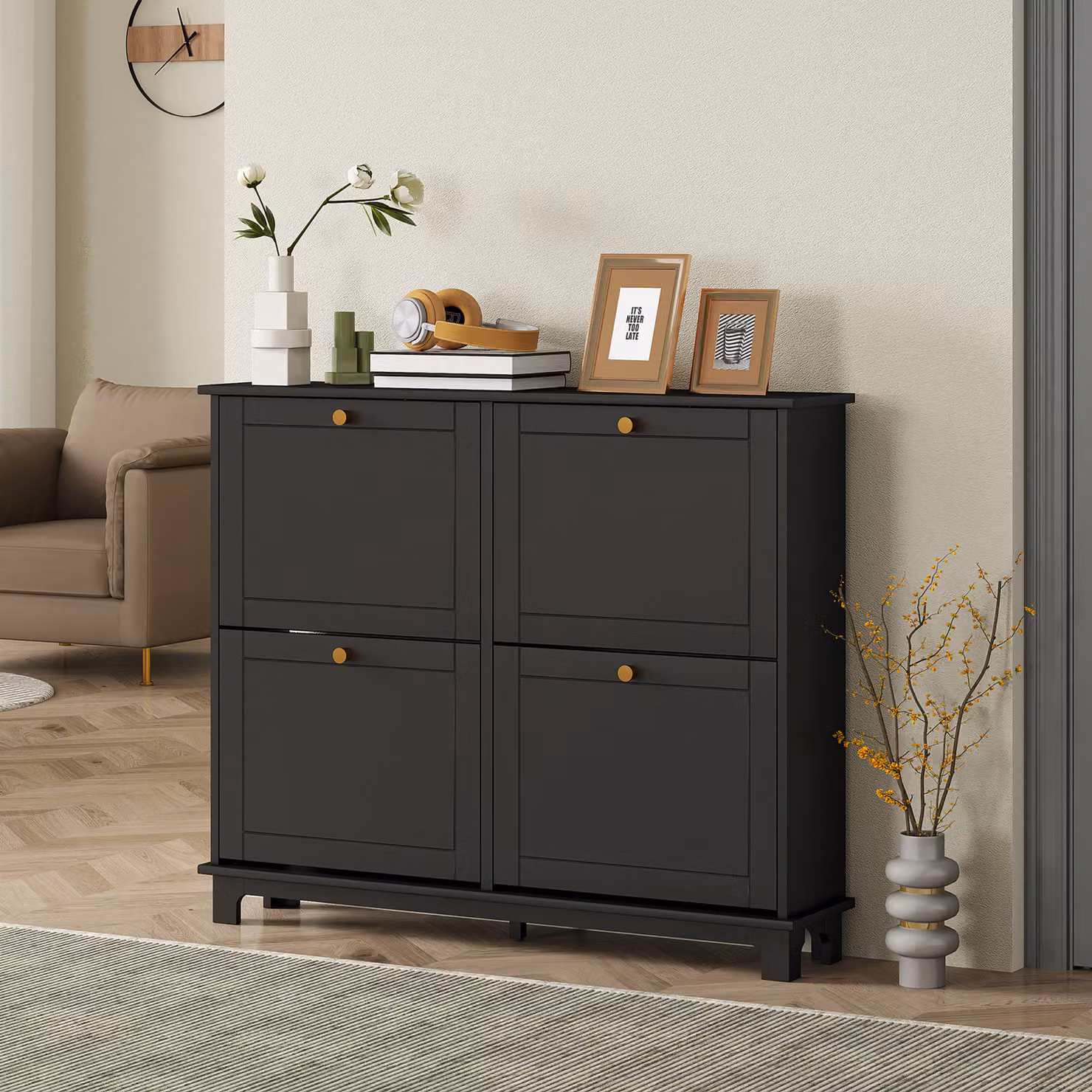 HOMCOM Modern Slim Shoe Storage Cabinet in Black and Gold with 4 Tilting Compartments and Internal Shelves – 2