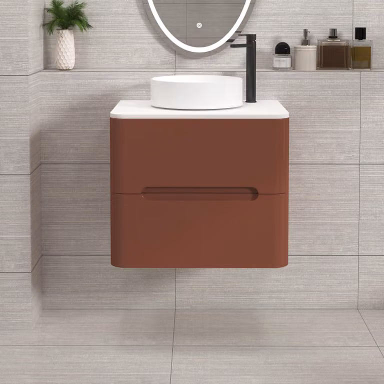 Royal Bathrooms Venice 600mm Wall Hung Vanity Unit in Terracotta Clay with 2 Drawers and Plain White Worktop and Art Basin
