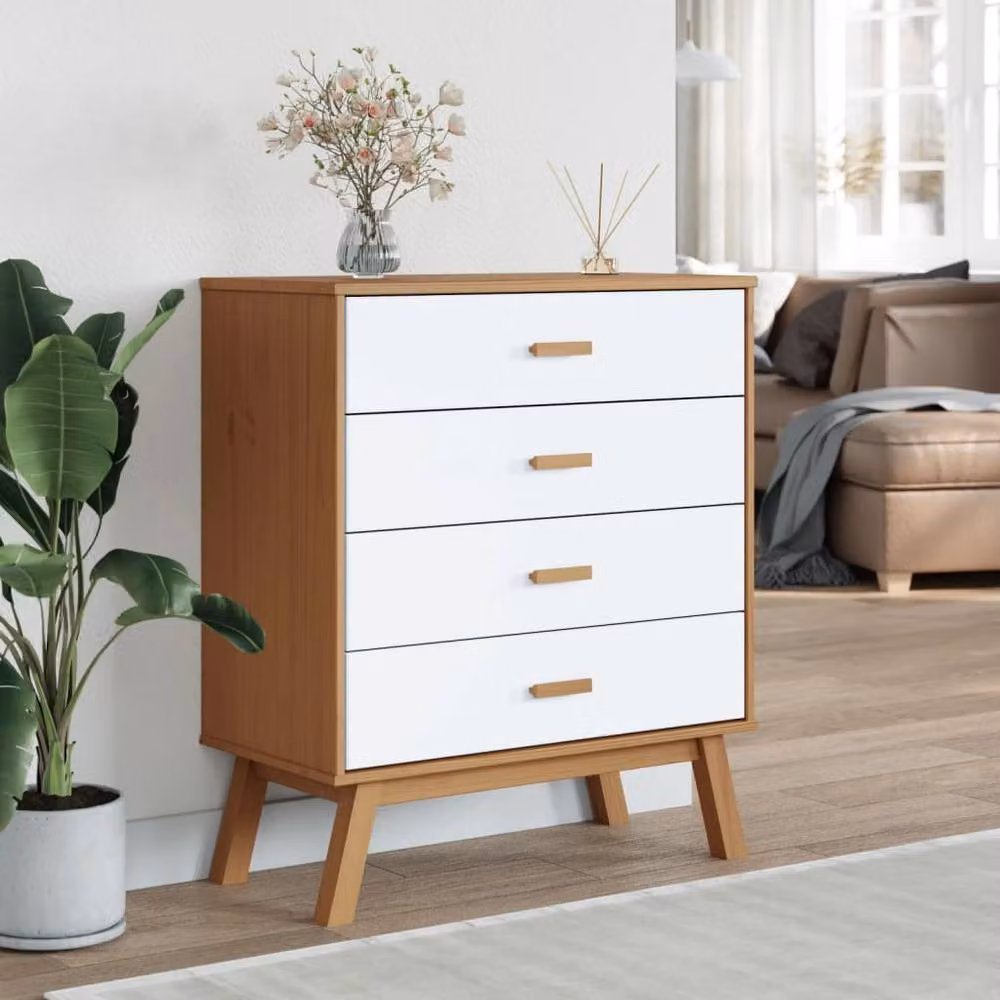 Berkfield Home OLDEN Freestanding Drawer Cabinet in White and Brown Solid Pine Wood – 3