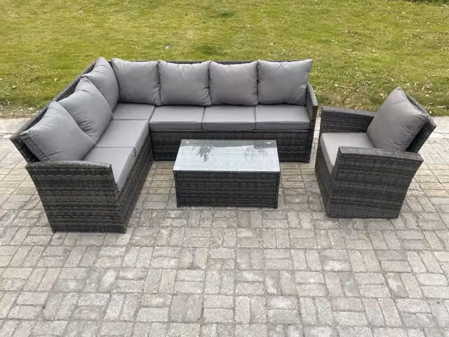 Fimous Rattan Lounge Corner Sofa Set with Armchair and Rectangular Coffee Table in Dark Grey