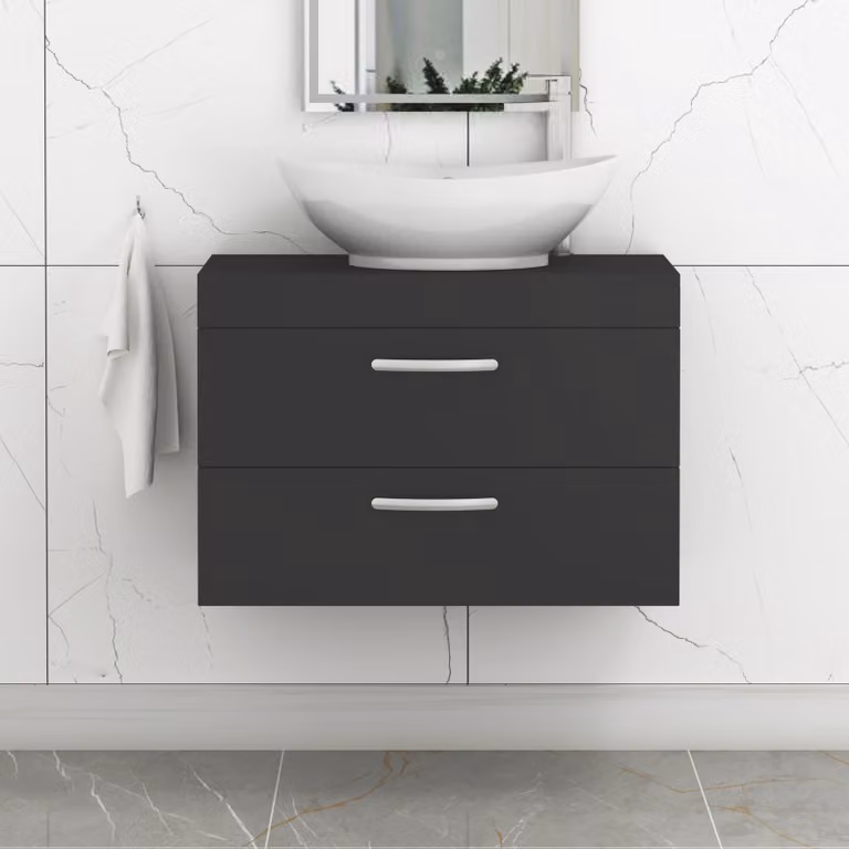 Royal Bathrooms Turin Wall Hung Vanity Unit with 2 Drawers and Countertop Basin in Matte Black with Brushed Brass Handle