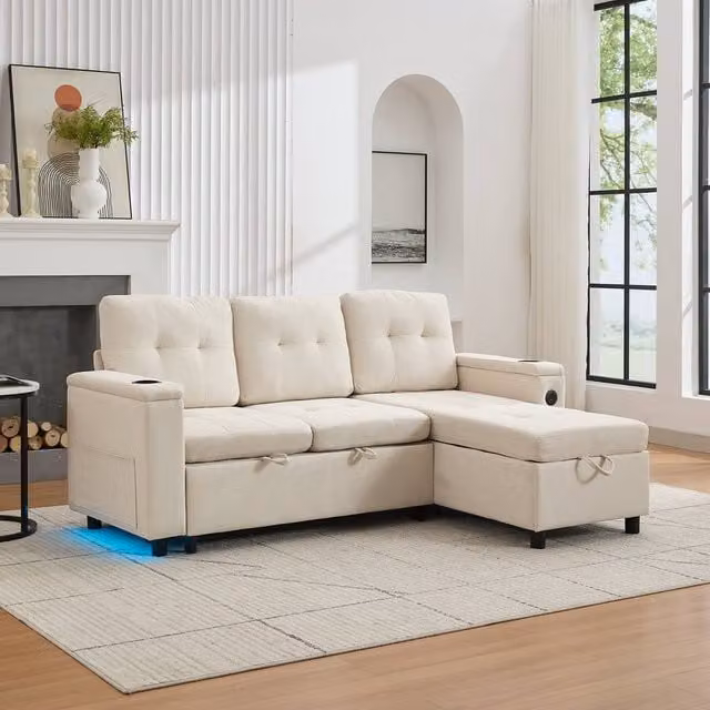 Tokpiedi 3-Seater L-Shaped Fabric Corner Sofa Bed with LED Lighting, USB Charging and Storage in Beige – 1