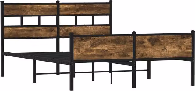 Berkfield Home Metal and Wood Bed Frame in Smoked Oak Brown, W/D/H: 160 x 200 x 91.5 cm