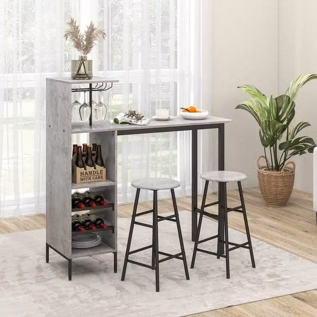 FORGEVIO Vintage 3-Piece Kitchen Dining Set with Bar Table and 2 Stools in Grey
