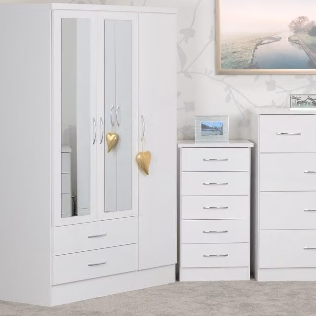Seconique Nevada White Gloss 3 Door 2 Drawer Mirrored Wardrobe