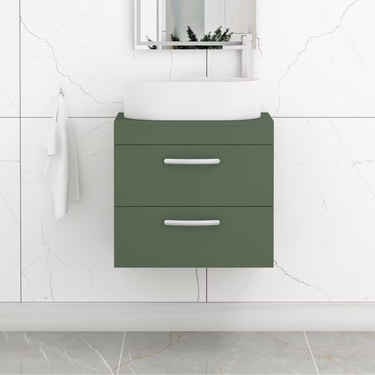 Royal Bathrooms Turin 800mm Wall Hung Vanity Unit with 2 Drawers, Matt Green Finish, Peak Countertop Basin and Matt Black Handles