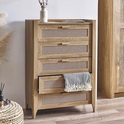 Julian Bowen Sydney 5 Drawer Chest in Light Oak with Rattan Print, H: 114 cm, W: 80 cm