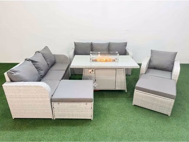 Fimous 9-Seater Poly Rattan Outdoor Garden Furniture Set with Firepit Dining Table in Light Grey