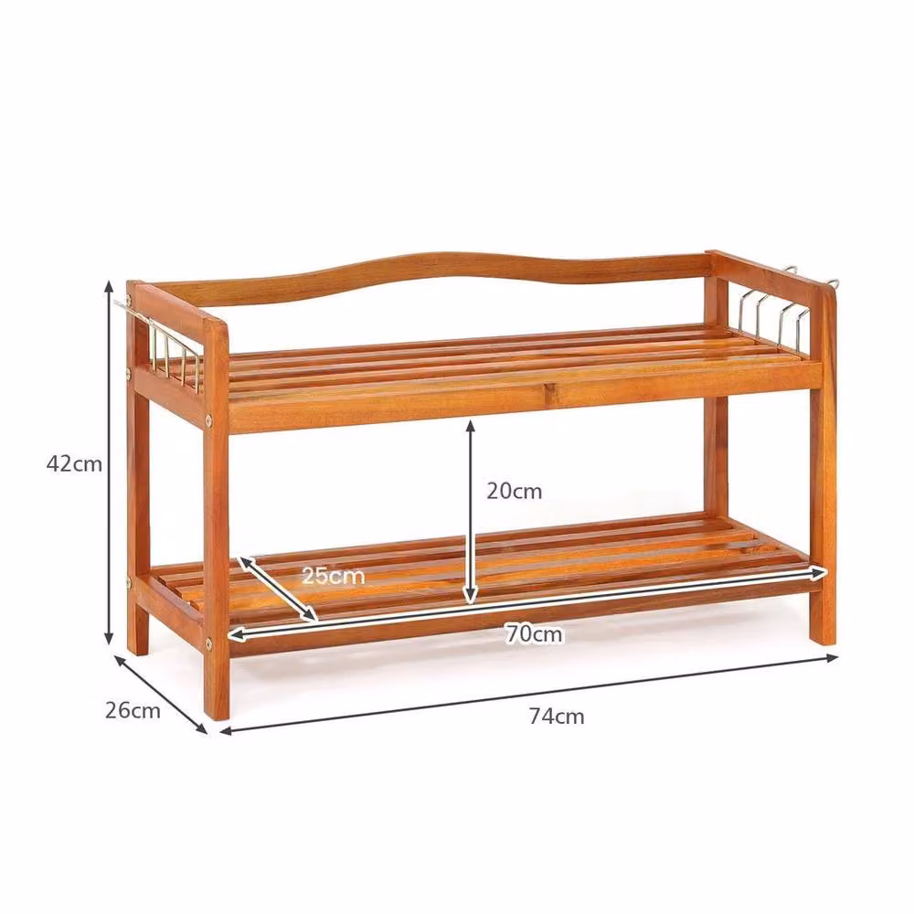 NESTLUNE 2-Tier Solid Acacia Wood Shoe Rack with Side Metal Hooks in Brown, W/D/H: 100 x 42 x 100 cm – 2