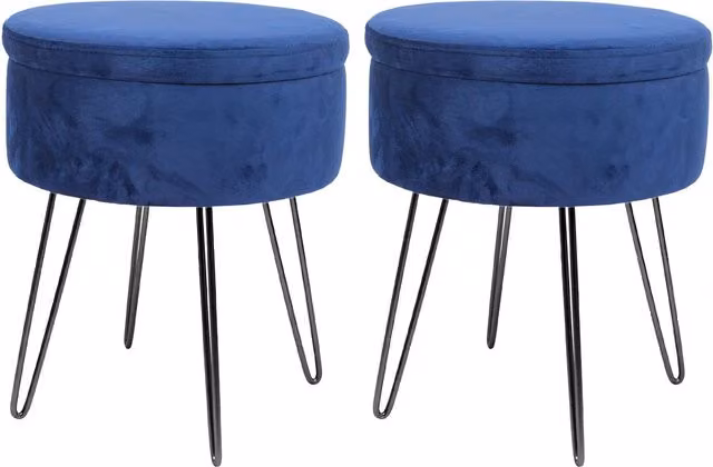 Harbour Housewares Pack of 2 Round Velvet Storage Footstools in Blue, H 45 cm x D 36 cm – 1