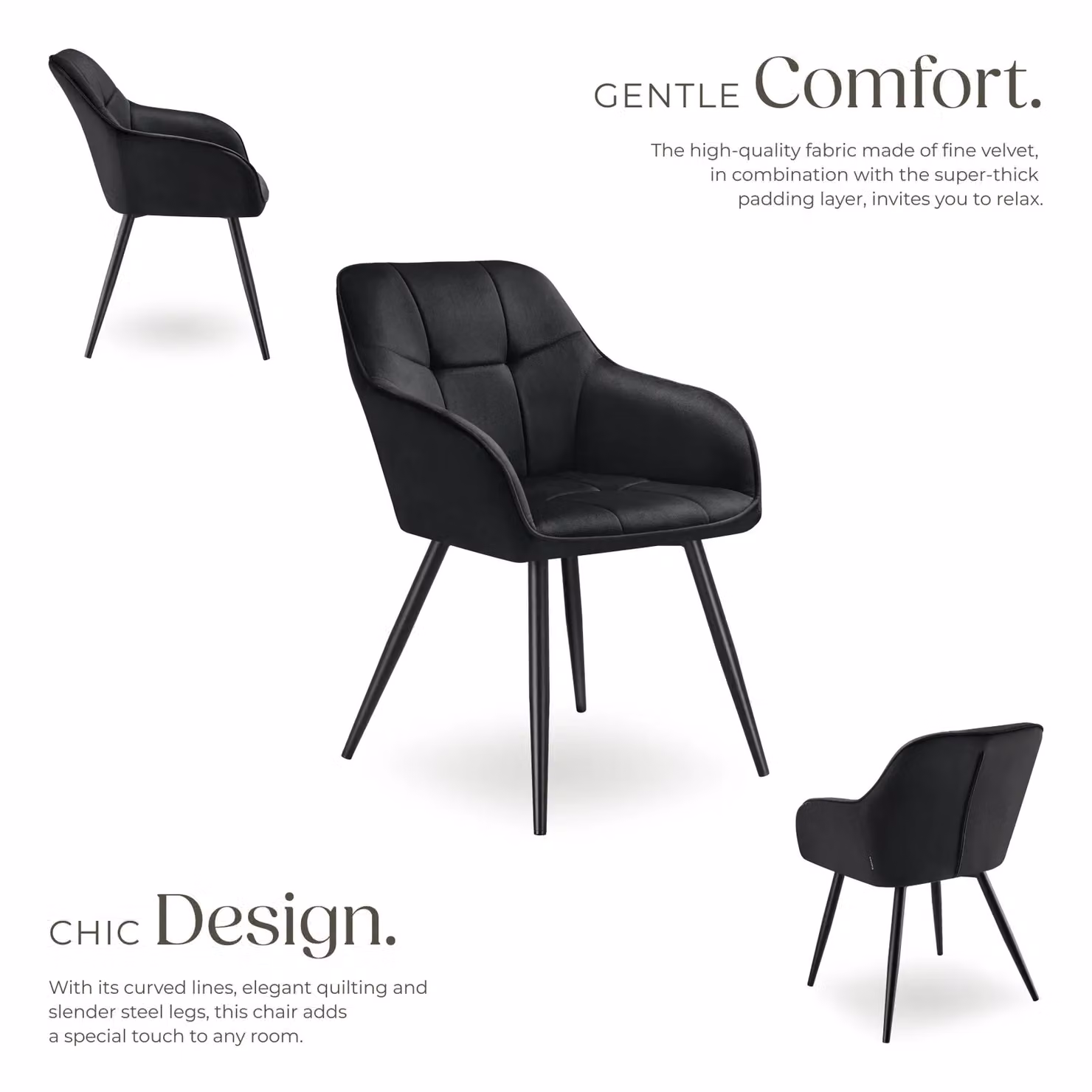 tectake Marilyn Set of 6 Modern Dining Chairs in Black Velvet with Armrests – 3