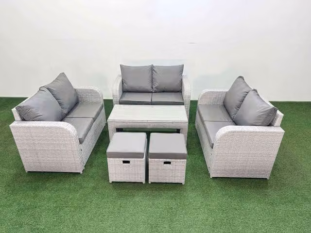 Fimous 8 Seater PE Wicker Rattan Garden Furniture Set in Light Grey with Oblong Coffee Table, 2 Seater Love Sofa and 2 Stools
