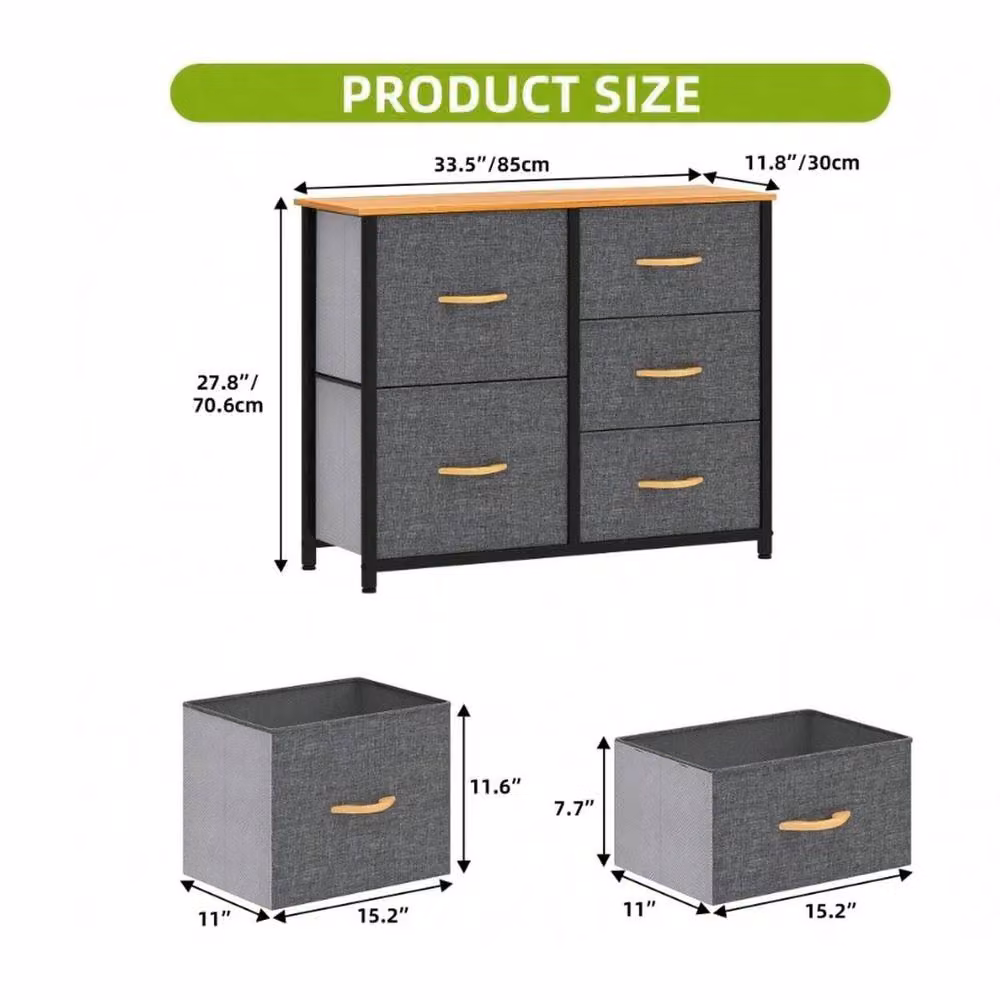 VOGREX 5 Drawer Fabric Storage Chest with Steel Frame and Wood Top in Dark Grey – 5