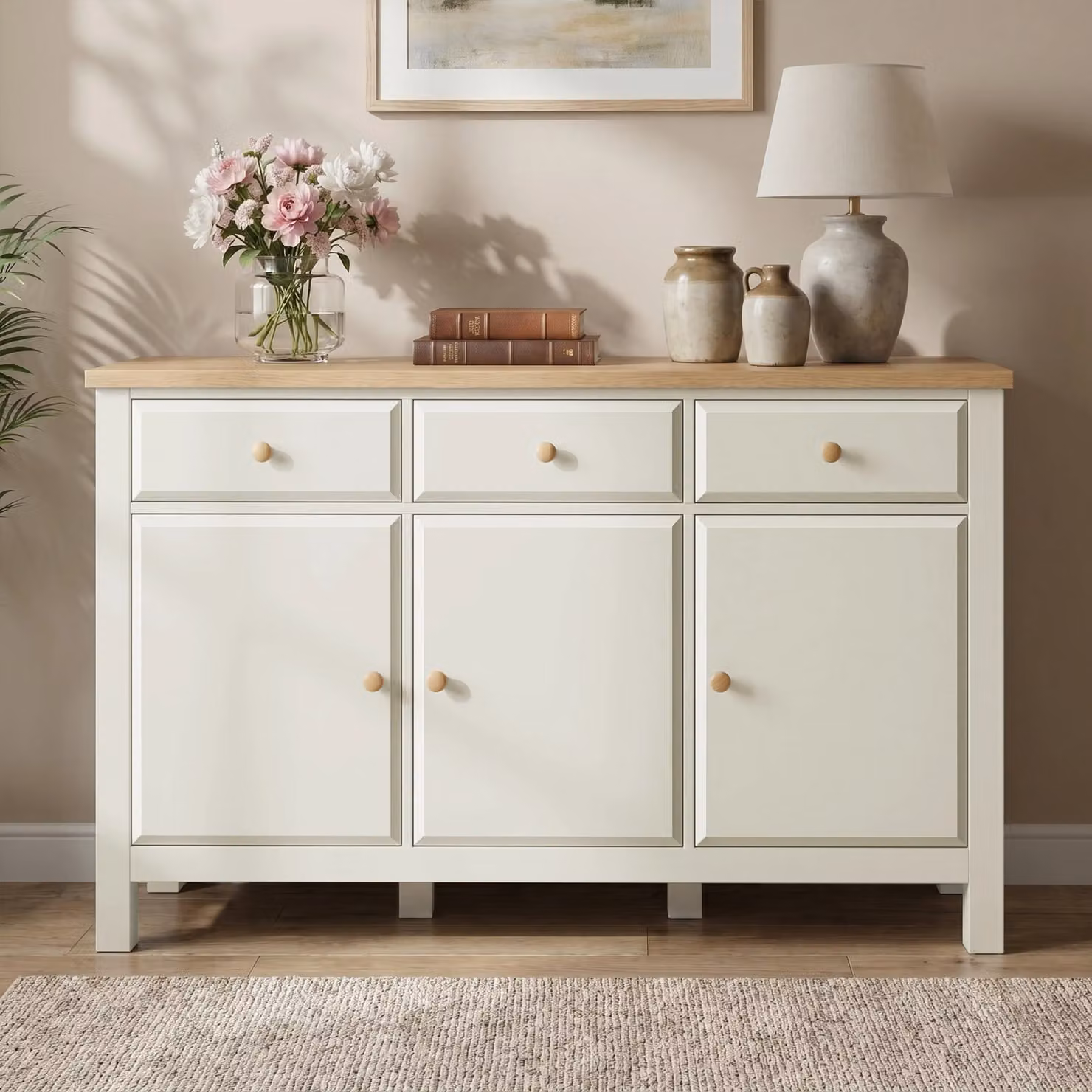 DHS Haven Large White Sideboard with Oak Top and Drawers, W/D/H: 135 x 43 x 81 cm
