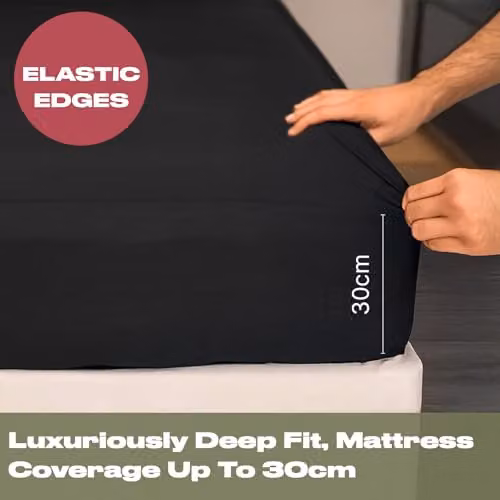 OHS Plain Black Microfibre Super King Deep Fitted Bed Sheet – 6