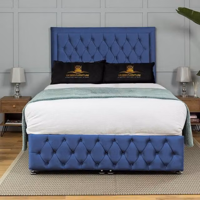 UK Bed Furniture Kingston End Lift Divan Ottoman Bed with 54 Inch Tall Headboard in Blue Velvet, W/D/H: 180 x 200 cm