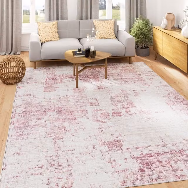 The Rug House Abstract Modern Washable Rectangular Rug in Pink and White, Width: 190 cm