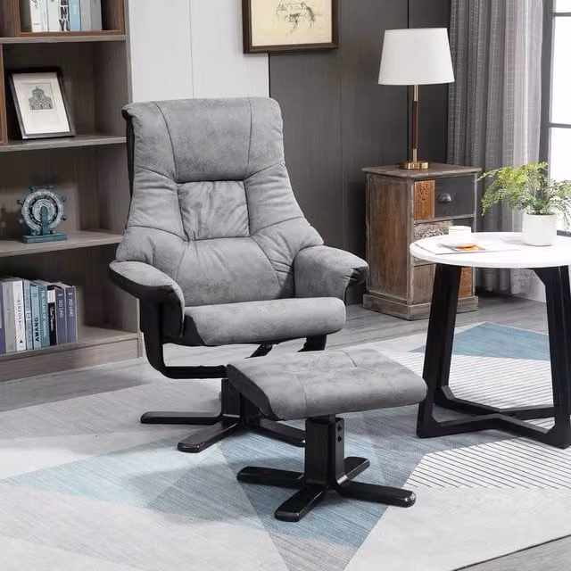 EONLION Grey Microfibre Recliner Armchair and Ottoman Set with Vintage Wood Base