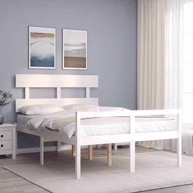 Berkfield Home Solid Wood Small Double Bed Frame with Headboard in White – 1