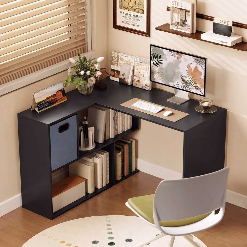 FORGEVIO Black L-Shaped Corner Computer Desk with Fabric Drawer – 2