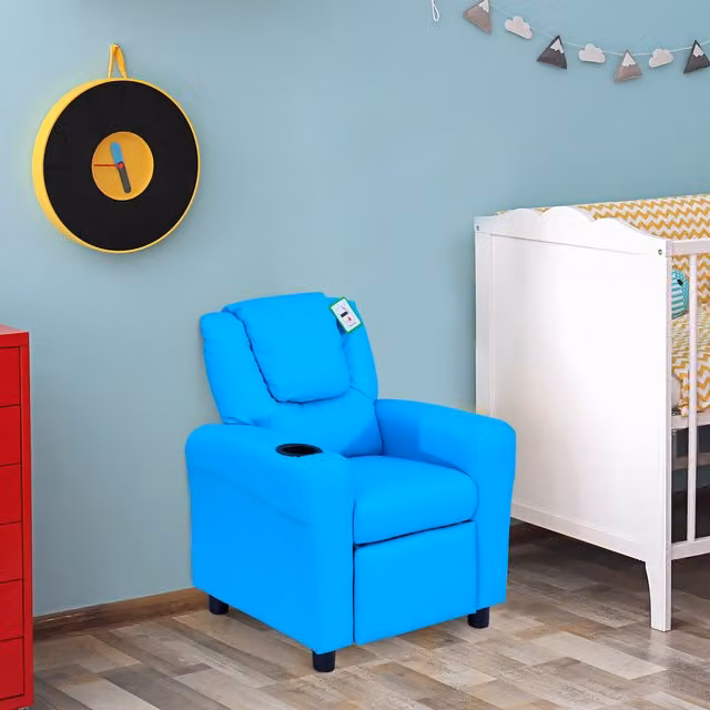 Homcom Childrens Blue Synthetic Leather Relax Recliner Armchair with Solid Wood Frame
