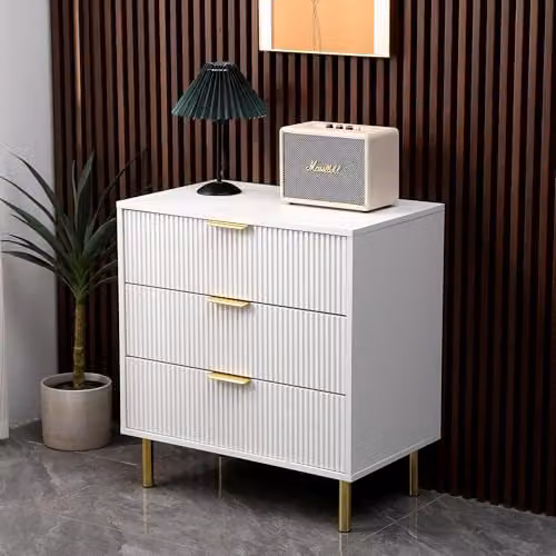 MMT Furniture Designs Moderna 3 Drawer Glossy Chest of Drawers with Fluted Geometric Detail in White, Black or Gold – 2