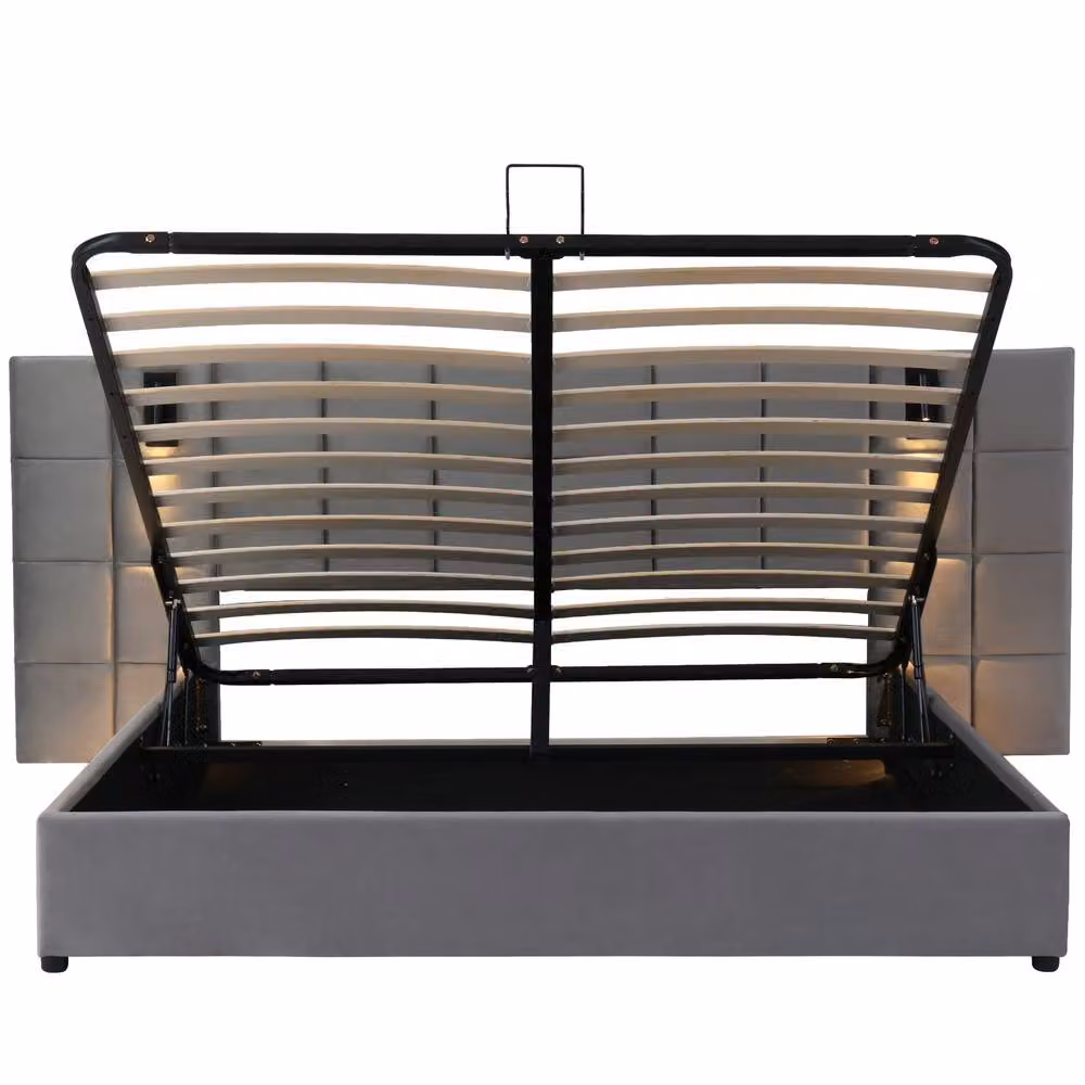 Rolipo Grey Velvet Double Bed with Hydraulic Storage, USB Charging Port and Integrated Reading Light – 6