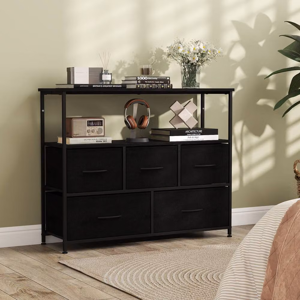 Gymax 5-Drawer Dresser with Open Shelves in Black – 7