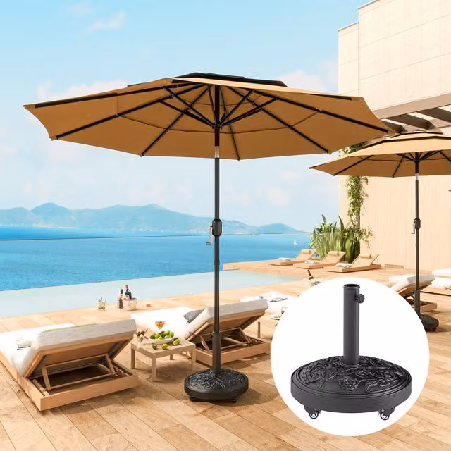 Outsunny Parasol Base with Wheels in Black with Floral Rose Pattern