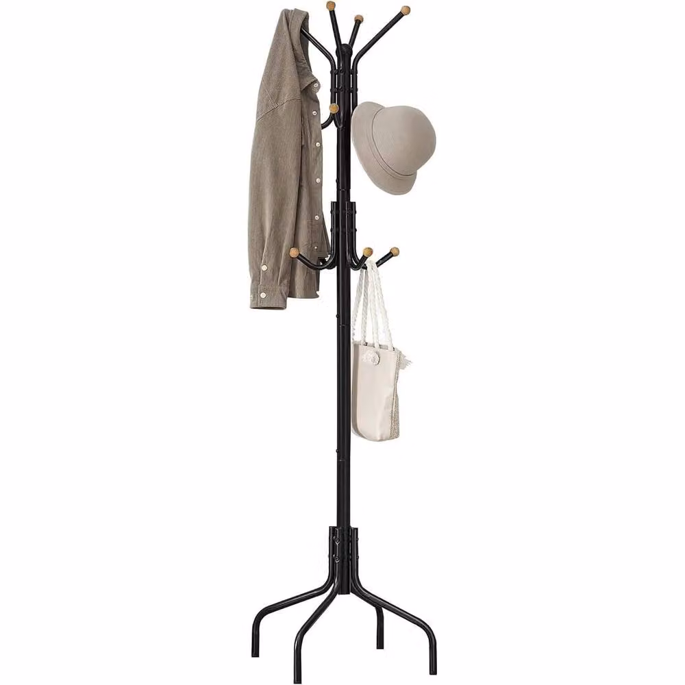 The Bazaarist Metal Coat Rack with 12 Hooks and 4 Leg Stand, Black – 2