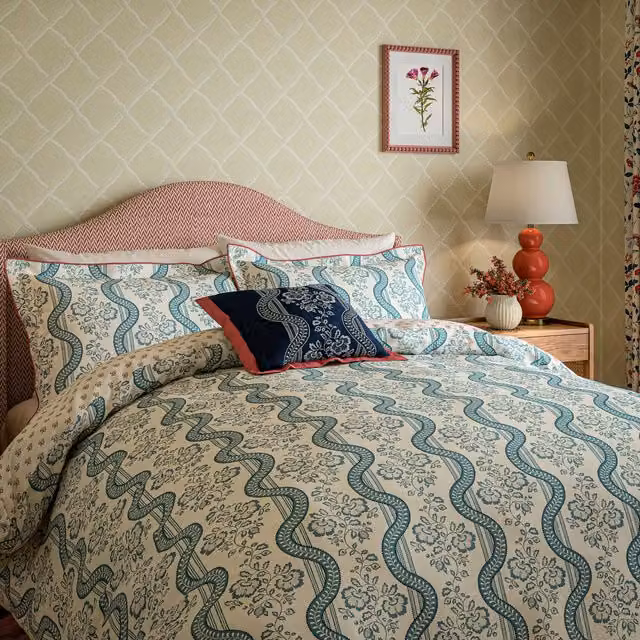 Sanderson Aubrey Reversible Floral Mako Satin Cotton Duvet Cover and Pillowcase Set, Blue, Red or Beige, W/D/H: 200 x 90 cm