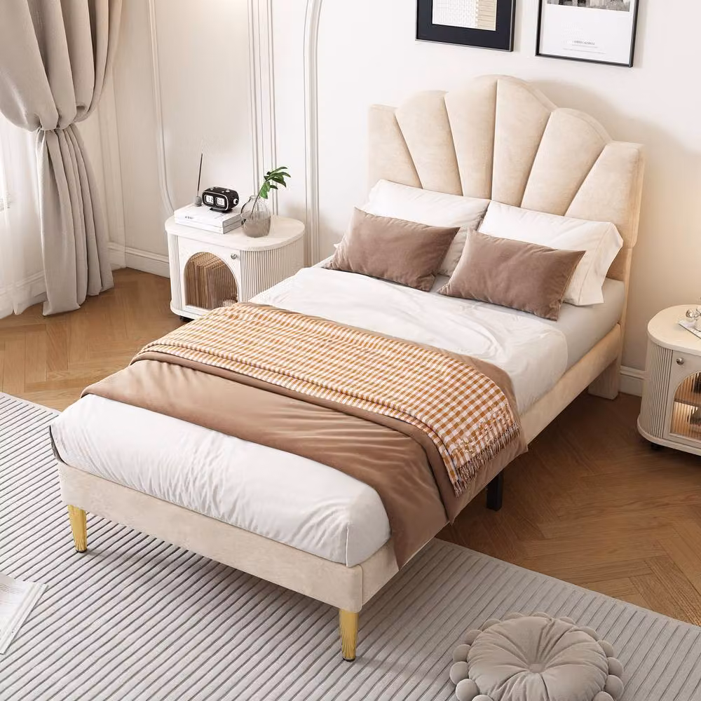 ModernLuxe Velvet Upholstered Single Kids Bed with Adjustable Headboard in Beige – 2
