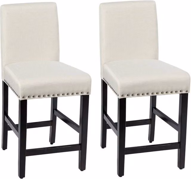 FLAVORA 2 Pack Padded Low Back Counter Height Bar Stools in White Fabric with Rubberwood Frame – 1