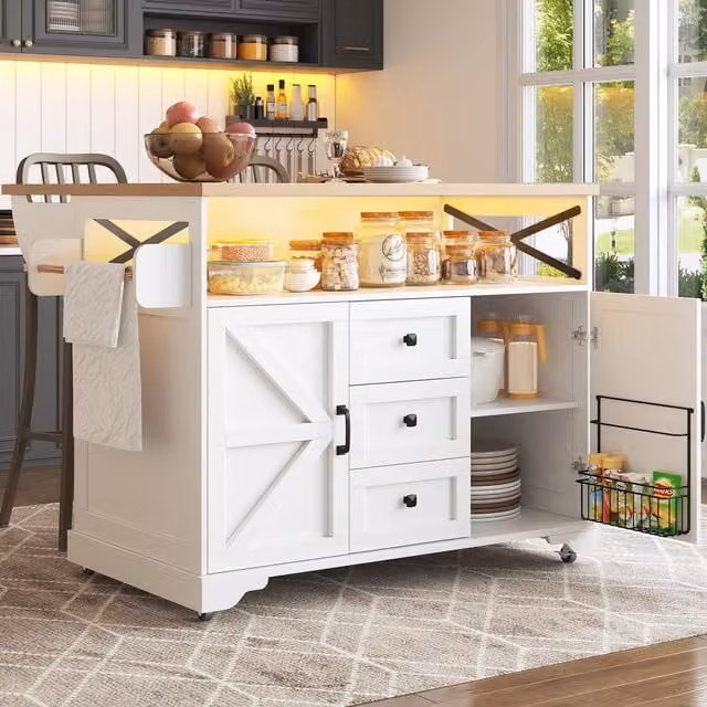 Aosom UK Mobile Kitchen Island with Drop-Leaf Table and Multi-Tier Serving Shelves, White, W: 120 cm, D: 72 cm, H: 98 cm – 1