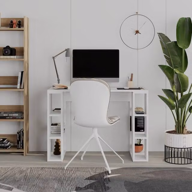 Decortie Colmar Modern Writing Desk with Integrated Open Shelves in White – 1