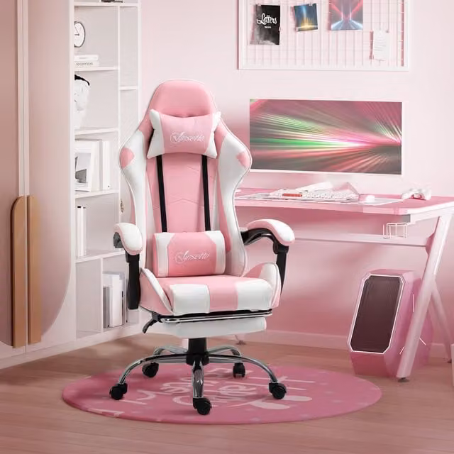 Vinsetto Pink and White Synthetic Leather Computer Gaming Chair with Headrest and Armrests