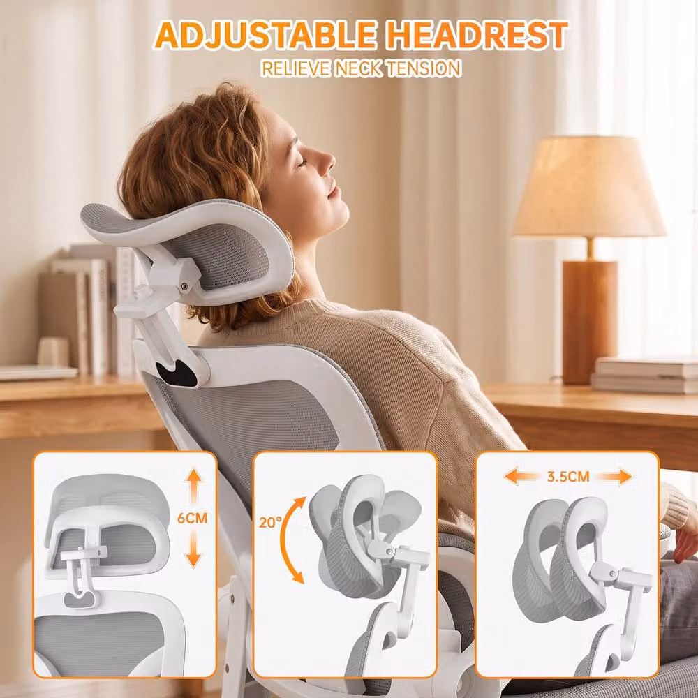 Gartistgo Ergonomic Grey Mesh Office Chair with Adjustable Headrest and Fabric Details – 3