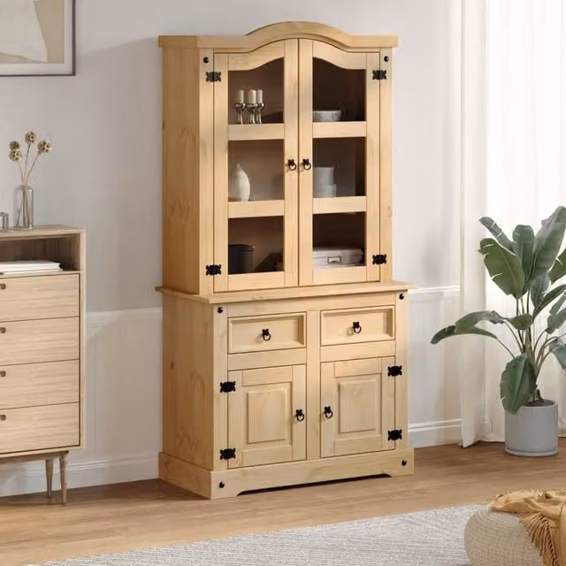 Berkfield Home Corona Glass Display Cabinet in Brown Solid Waxed Pine, W/D/H: 100 x 48.5 x 179 cm – 1
