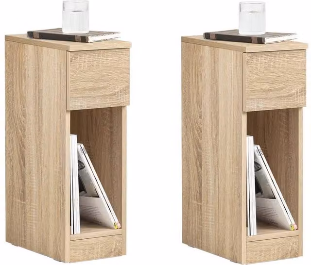 SoBuy Set of 2 Modern Slim Bedside Tables with Open Shelf and Drawer in Light Oak