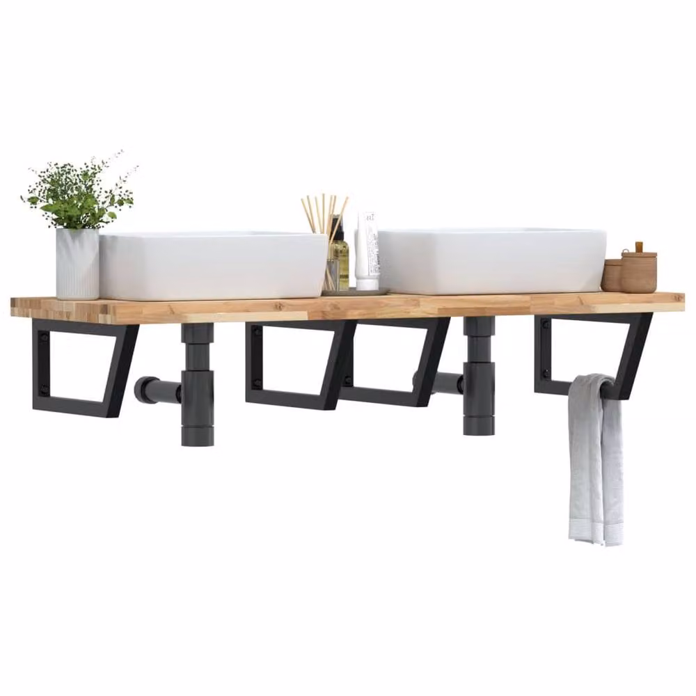 Berkfield Home Wall Mounted Basin Shelf in Brown Steel and Solid Acacia Wood – 2