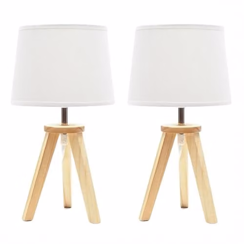 ValueLights Jackson Pair of Scandinavian Wooden Tripod Table Lamps with Fabric Shades in Brown and Sand, H: 32 cm, W: 18 cm, D: 18 cm – 1