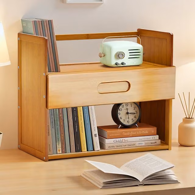 Livingandhome Minimalist 2-Tier Bamboo Desktop Bookshelf with Drawer in Brown Wood