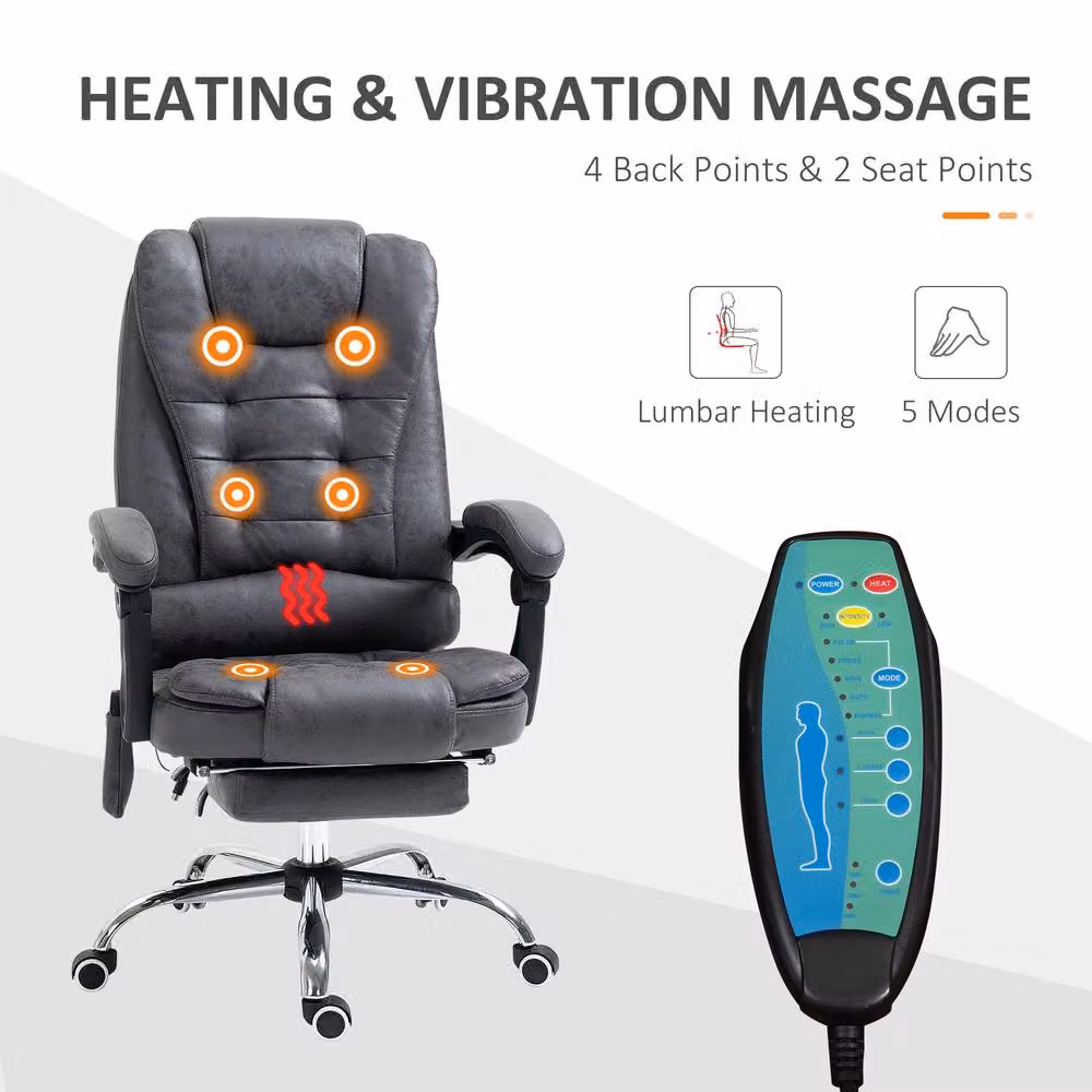Rolipo Heated 6-Point Massage Reclining Microfibre Office Chair with Footrest in Dark Grey – 4