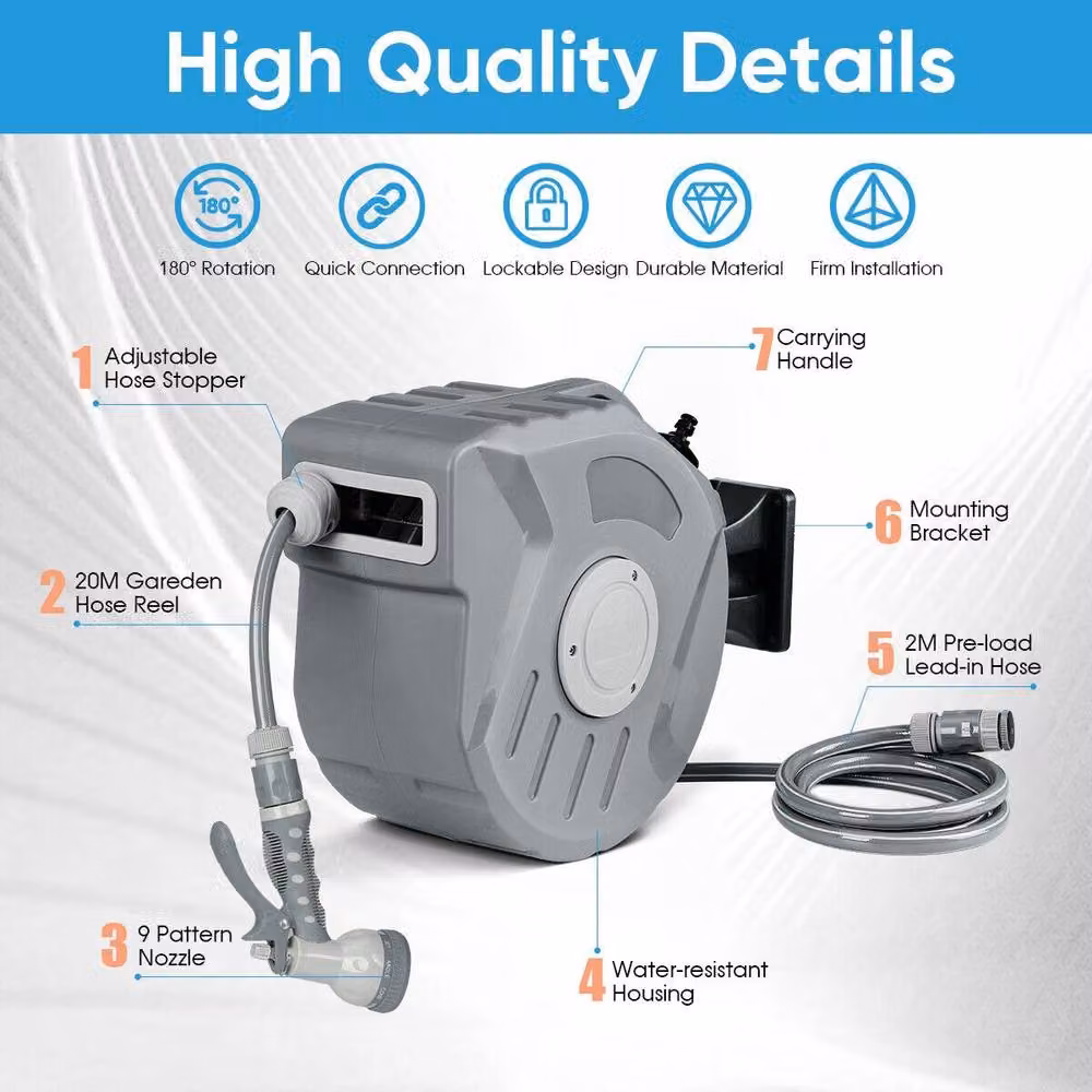 Dprodo Retractable Automatic Garden Hose Reel with Wall Bracket, 20m, Grey – 2
