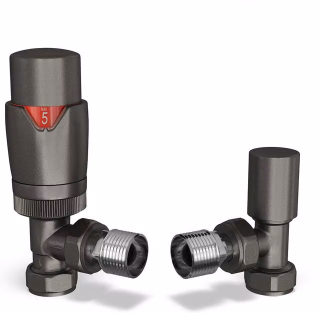 UK Radiators Stirling Bold Angled Thermostatic Radiator Valve and Lockshield Set in Pewter