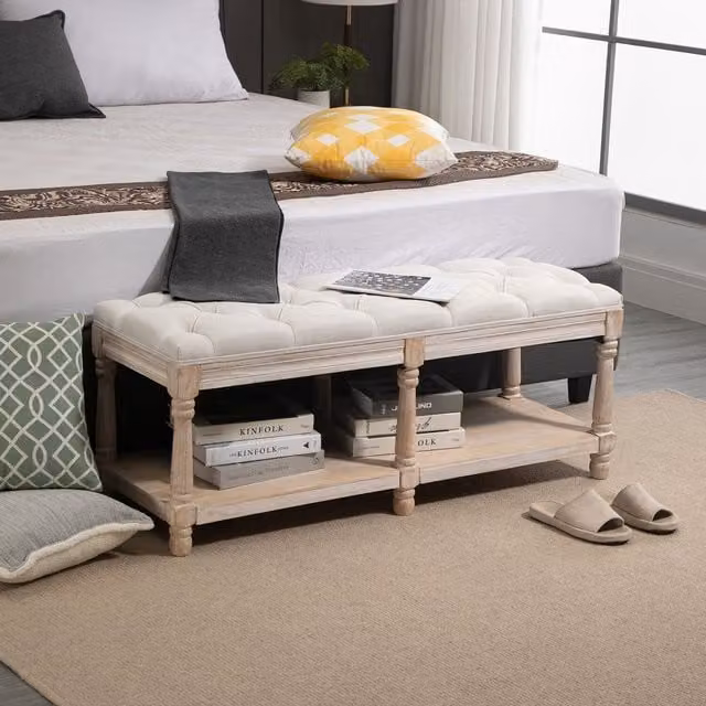HOMCOM 2 Tier Fabric Shoe Rack Bench with Tufted Seat in Beige and White