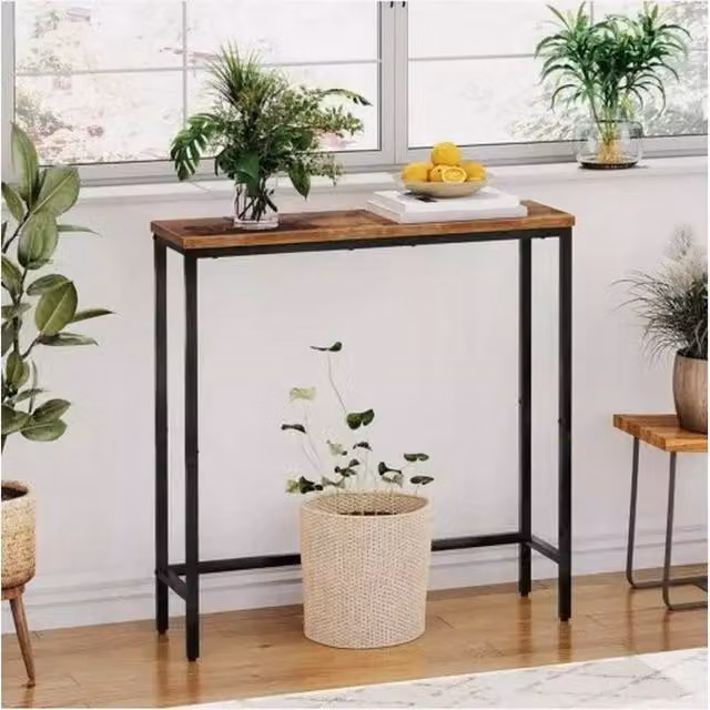 EONLION Vintage Brown Console Table and Sofa Display Shelf with Metal and Wood Finish