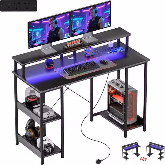 Rolipo Modern LED Computer Desk with Power Outlets and Shelves in Black – 1