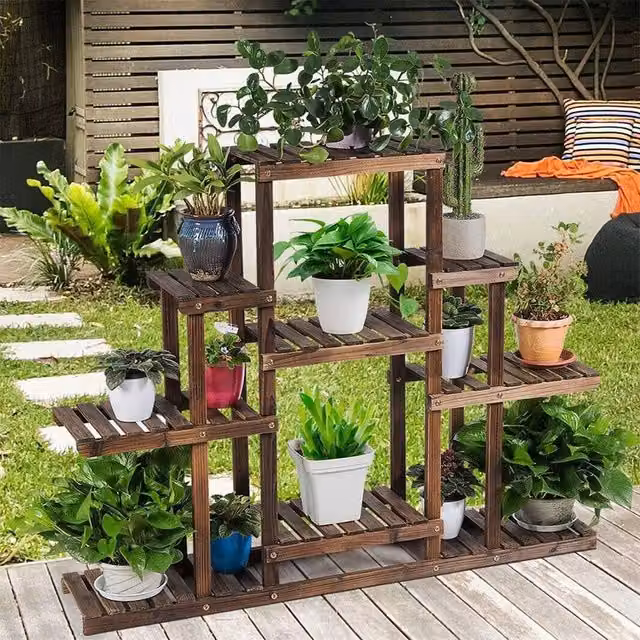 EONLION 9 Tier Rustic Brown Pine Wood Flower Rack and Freestanding Garden Plant Shelf Stand